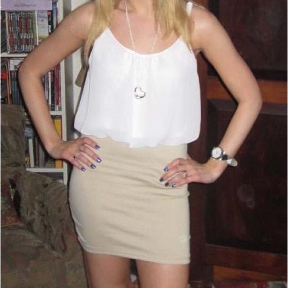 White & tan Body Central mini dress